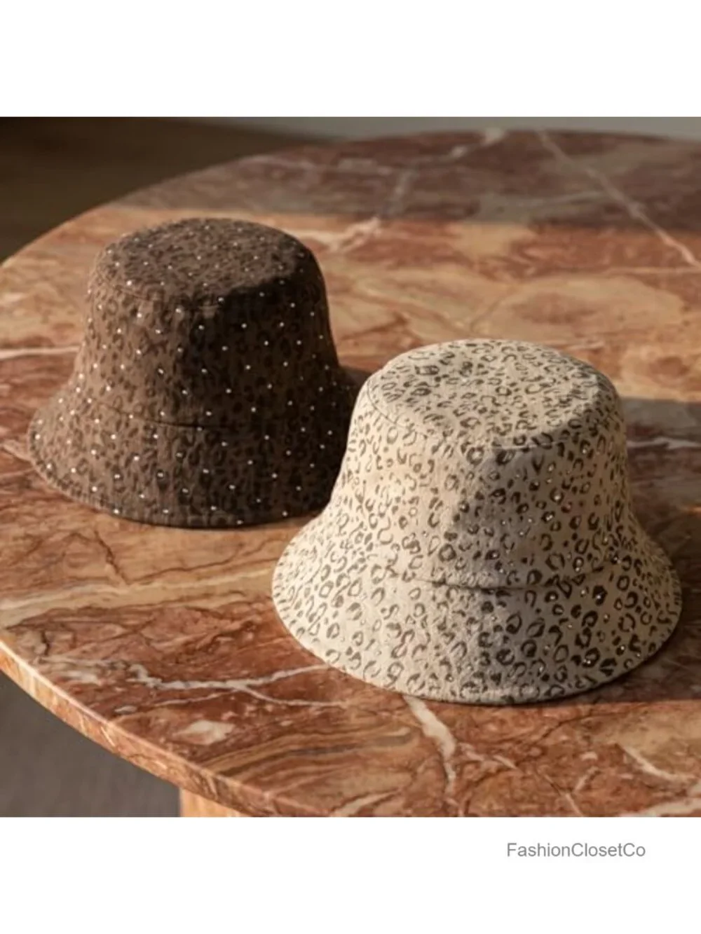 Leopard Print Bucket Hat 2 Pack, Bling Rhinestone Wide Brim Foldable Fisherman